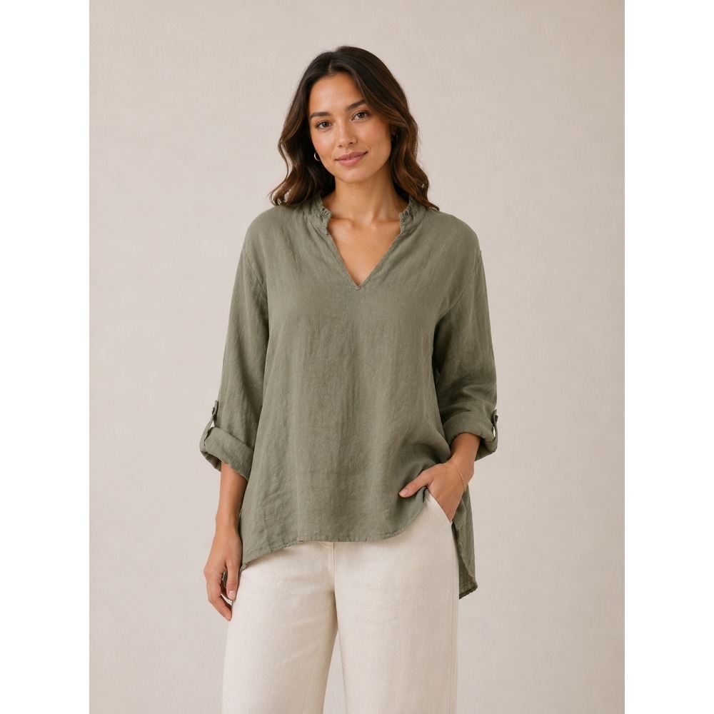Rosemarine Italy Womens Large 100% Linen Ruffle Neck Tunic Top Green Lagenlook
